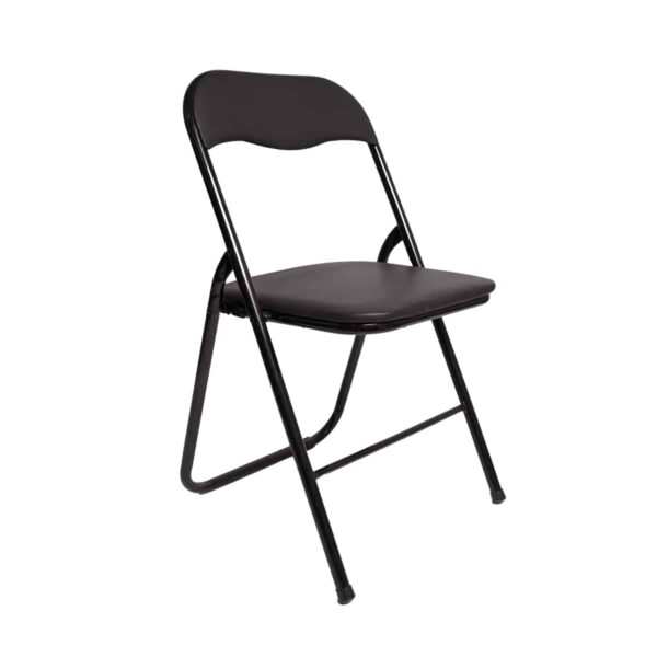 Silla cafetería plegable negra con asiento acolchado, ideal para eventos y uso en cafeterías, destacando su diseño funcional y resistencia.