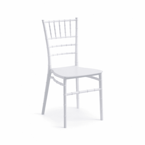 Silla Chiavari blanca, diseño elegante, ideal para eventos infantiles, con cojín de 40x40 disponible.