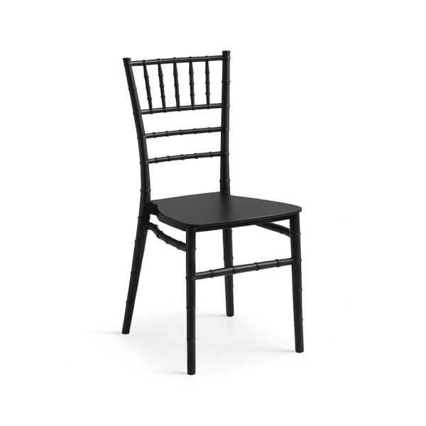 Silla Chiavari negra, diseño elegante y funcional, ideal para cafeterías y eventos.
