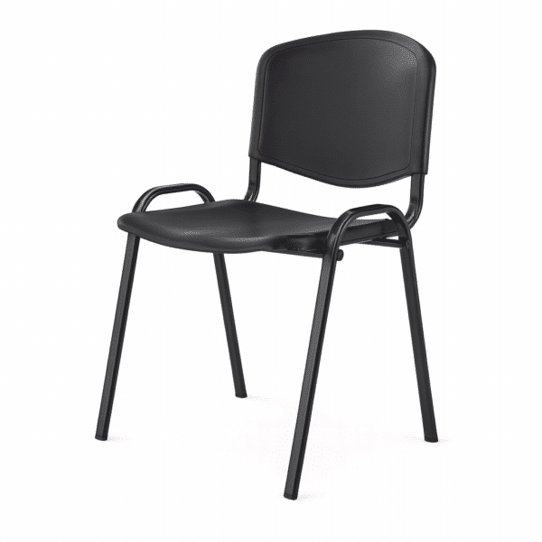 Silla plegable de plástico negra, ideal para cafeterías y eventos, con diseño funcional y duradero.