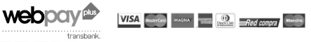 Logos de métodos de pago aceptados por Calas, incluyendo Webpay, Visa, Mastercard, American Express, Red Compra y más.