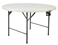 Mesa redonda plegable blanca con estructura de metal, ideal para eventos y decoración de espacios.